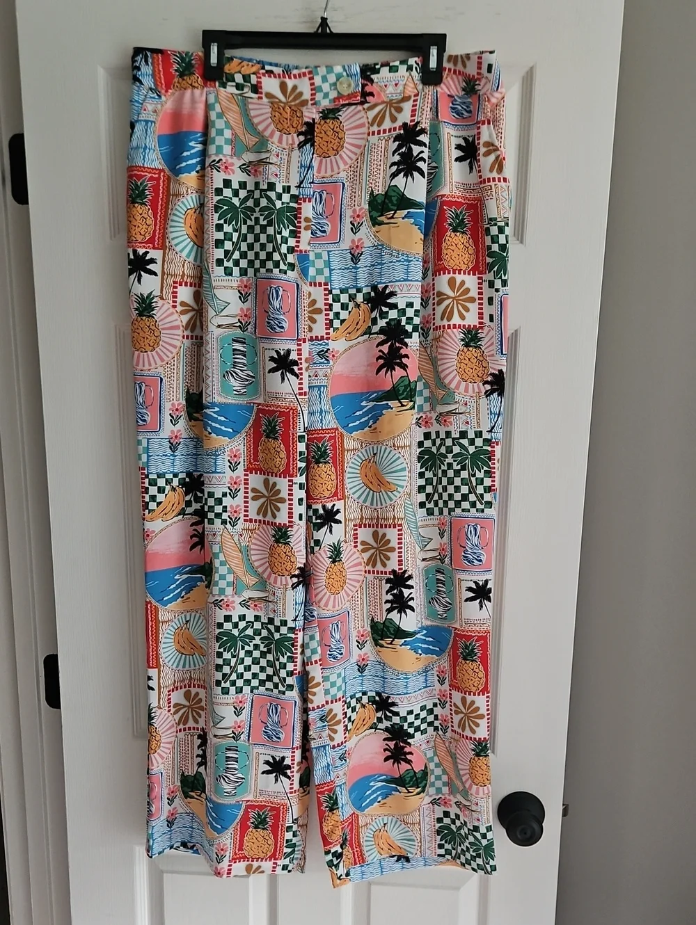 Skies Are Blue Wide Leg Button Front Tropical Postcard‎ Print Pant: 2X